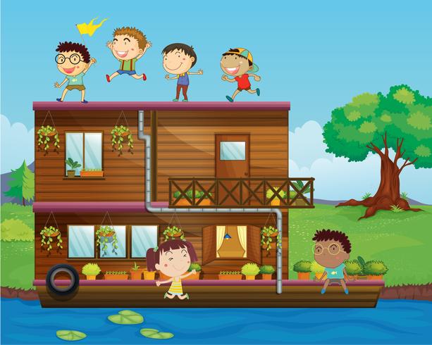 niños jugando cerca de una casa flotante vector