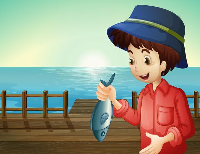 A fisherman holding a fish at the seaport vector