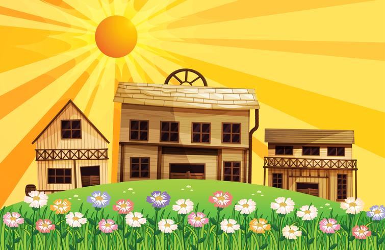 Different wooden houses at the top of the hills vector