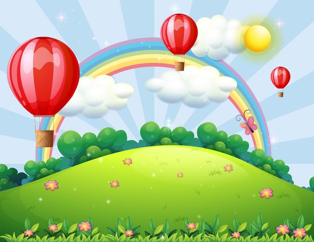 Floating balloons at the hilltop with a rainbow vector