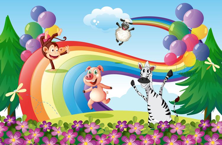 Animals playing at the hilltop with a rainbow vector