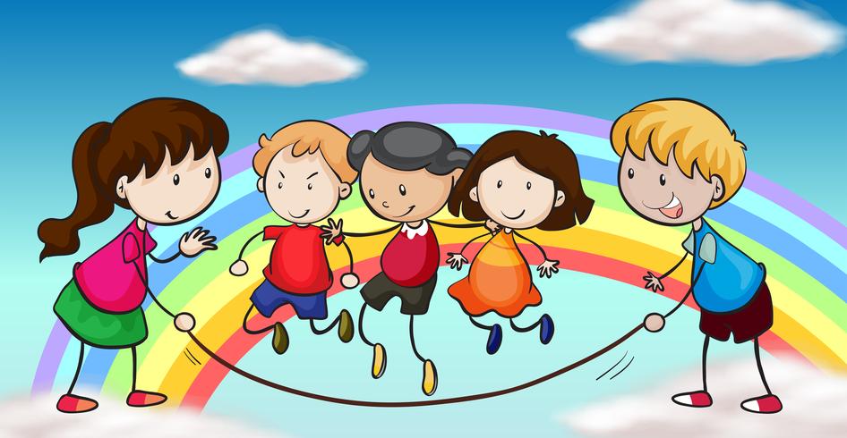 Five kids playing in front of a rainbow vector