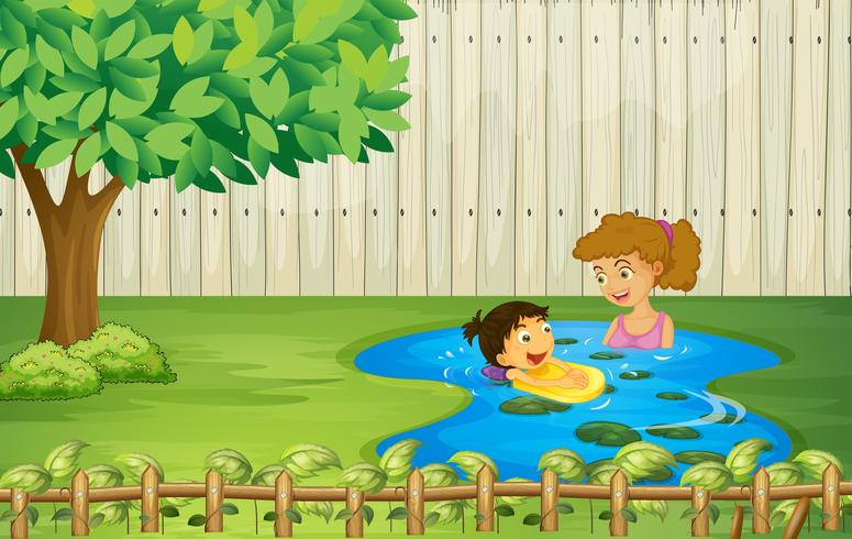 Kids swimming in a pond vector