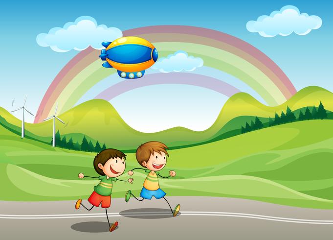 Niños corriendo con una aeronave arriba. vector