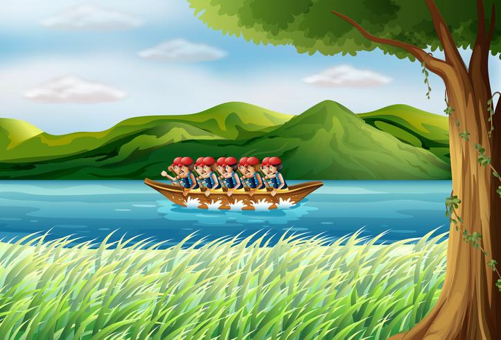 A group of boys riding on a boat vector
