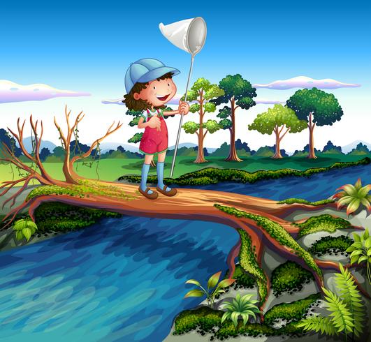 A girl holding a butterfly net crossing the river vector