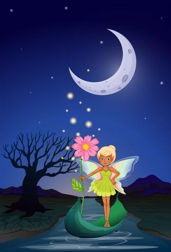 A fairy holding a flower riding on a boat in the middle of the night vector