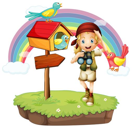 A girl holding a telescope with three birds vector
