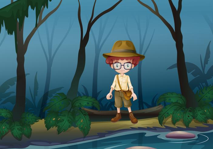 A boy scount in the forest near the lake vector