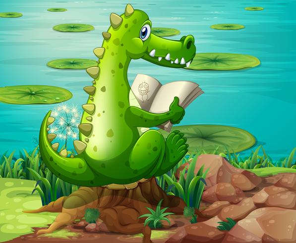 A crocodile reading near the pond vector