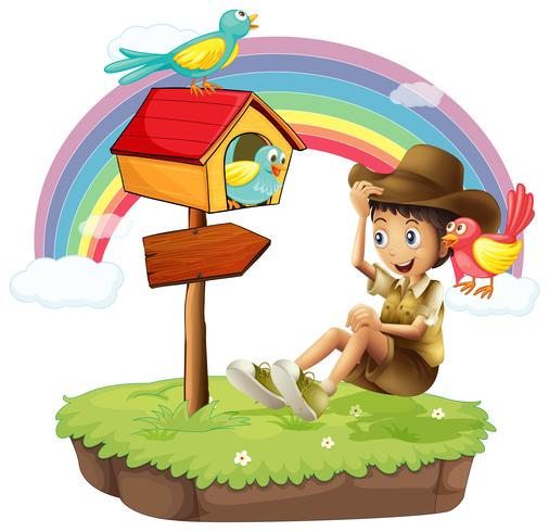 An island with a boy near the arrow board vector