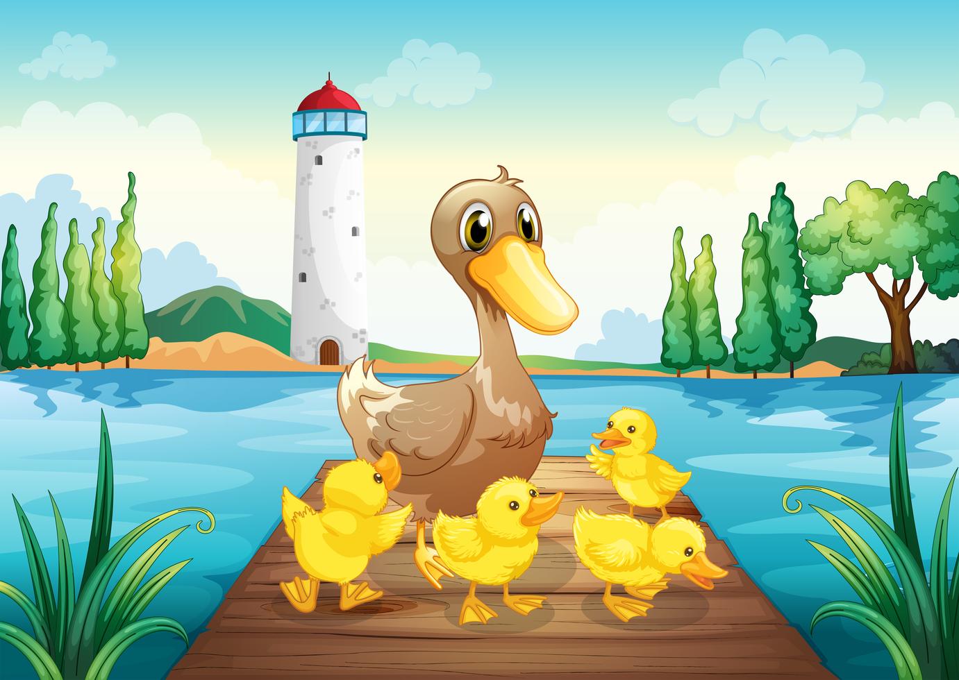 Download A mother duck with four baby ducks in the wooden bridge ...