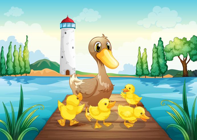 A mother duck with four baby ducks in the wooden bridge vector