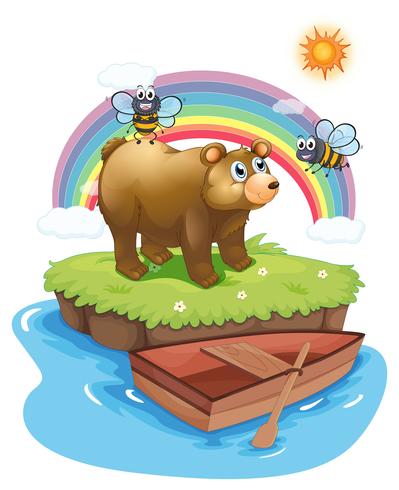 Un oso y una abeja en una isla. vector