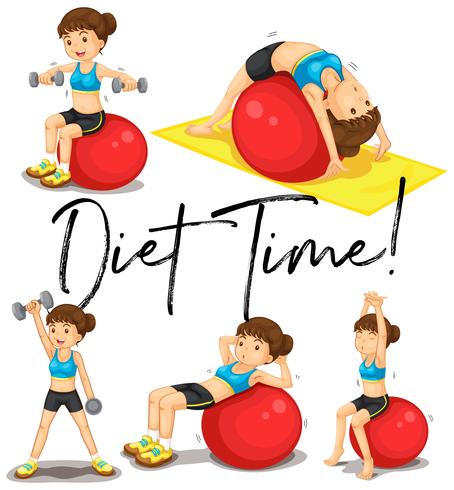 Diet time poster with woman exercising with ball vector