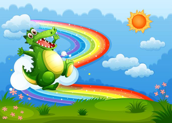 A rainbow in the sky with a green crocodile vector