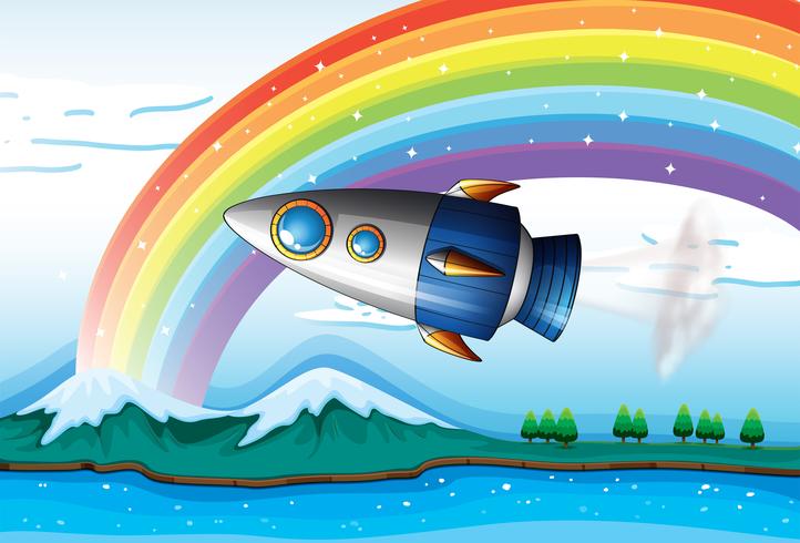 A spaceship near the rainbow above the ocean vector