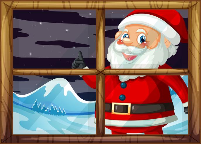 Un santa claus sonriendo fuera de la ventana vector