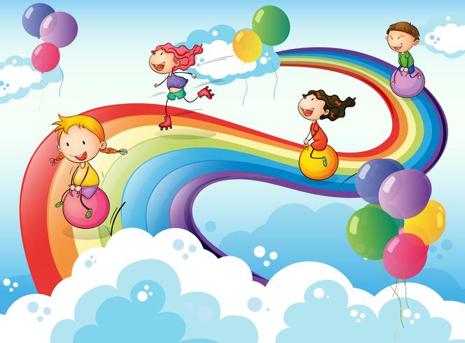 Un grupo de niños jugando en el cielo con un arco iris. vector