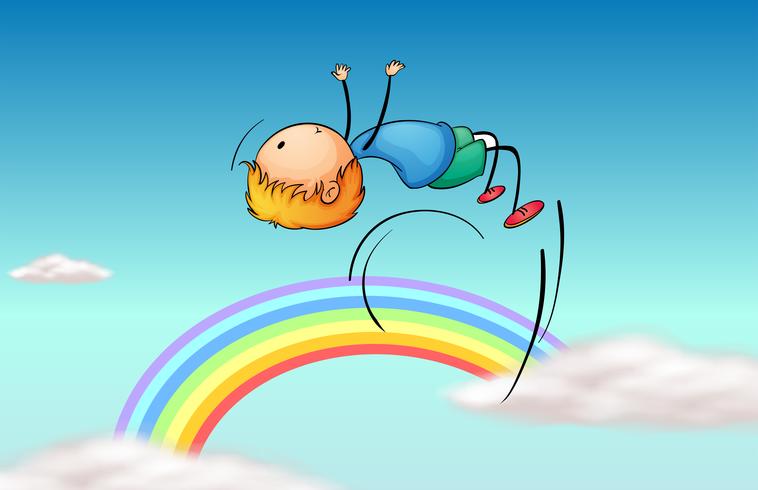 Un niño saltando en el cielo y un arco iris. vector