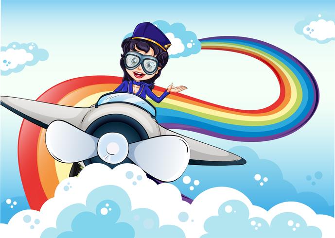 Una piloto mujer conduciendo el avión y un arco iris en el cielo. vector