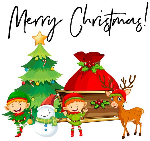 Elves and christmas tree with phrase Merry Christmas vector