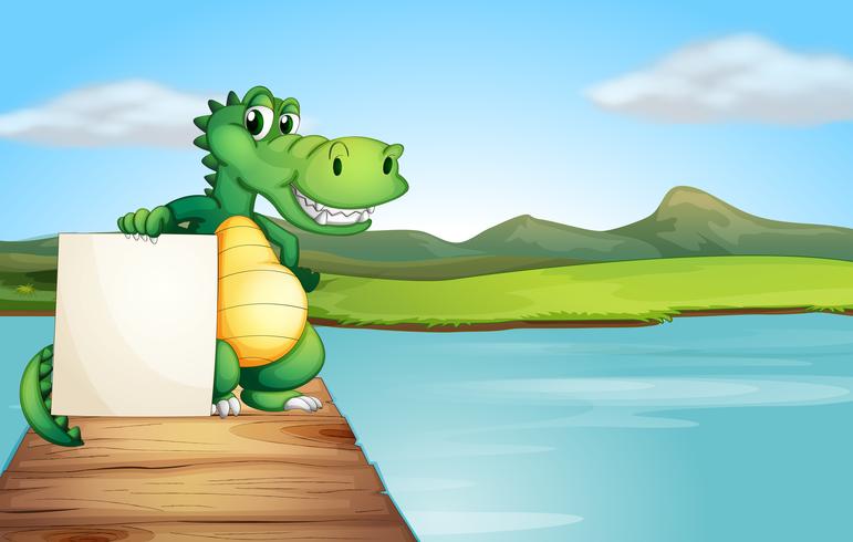 An alligator holding an empty board at the wooden bridge vector