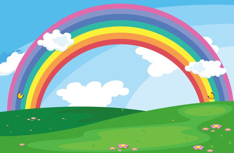 A green landscape with a rainbow in the sky vector