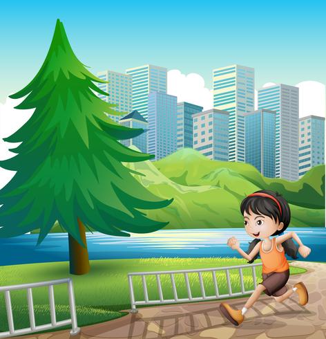 A young girl running at the riverbank vector