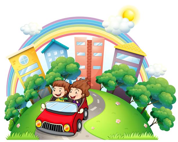 A girl and a boy riding at the car along the road vector