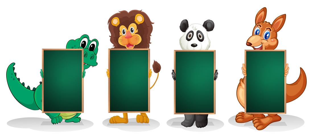 Four animals forming a line with empty blackboards vector