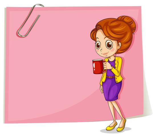 A girl drinking her coffee in front of the empty pink template vector