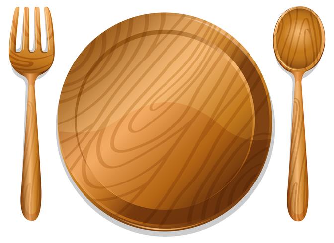 Plato de madera con par de tenedor y cuchara. vector