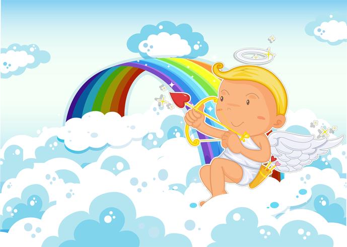 Cupido sentado al lado del arcoiris vector