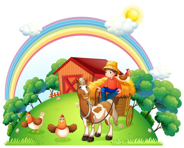 A boy riding in his farm cart vector