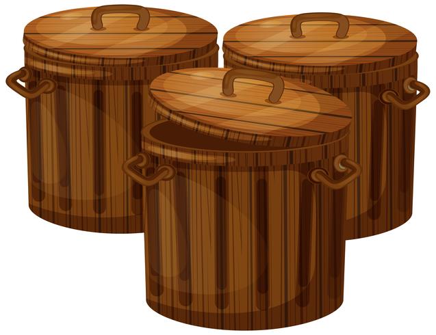 Three wooden buckets with lids vector