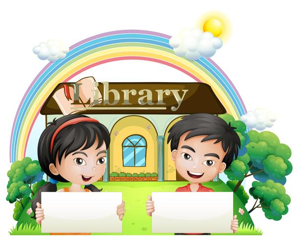 Two kids with empty signboards standing in front of the library vector