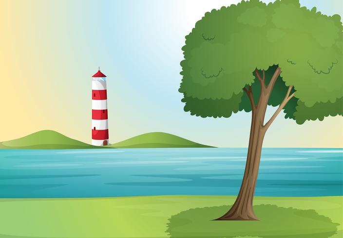 an ocean and a light house vector