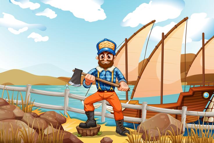 A lumberjack at the riverbank with a ship vector