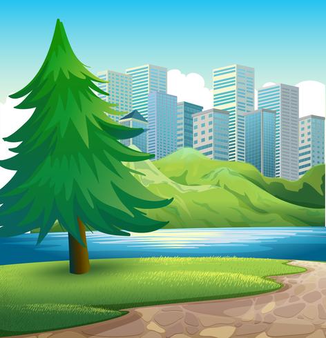 A pine tree beside the river across the tall buildings vector