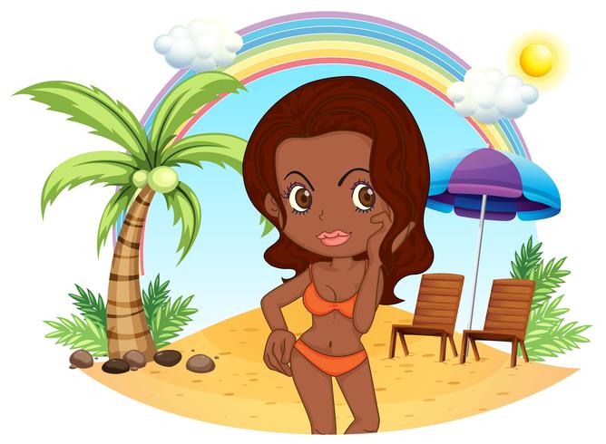 A tan lady in an orange bikini at the beach vector