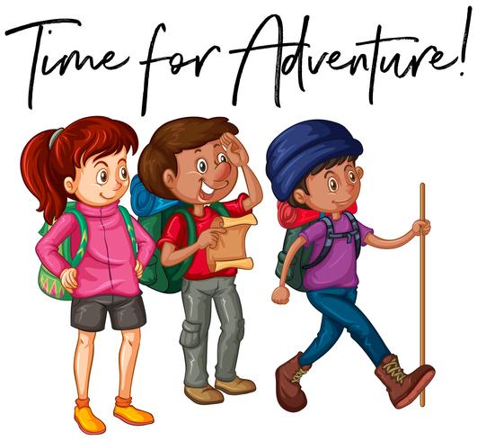 Phrase time for adventure with group of hikers vector