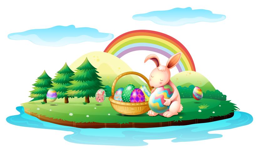 An island with a bunny and a basket of easter eggs vector