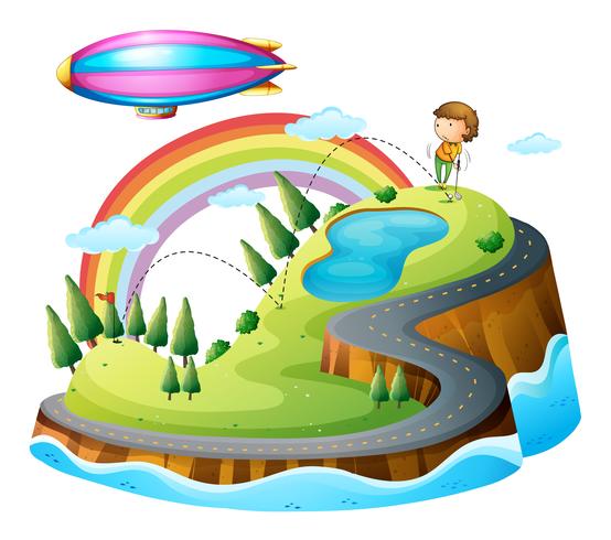 A boy playing golf and a blimp vector