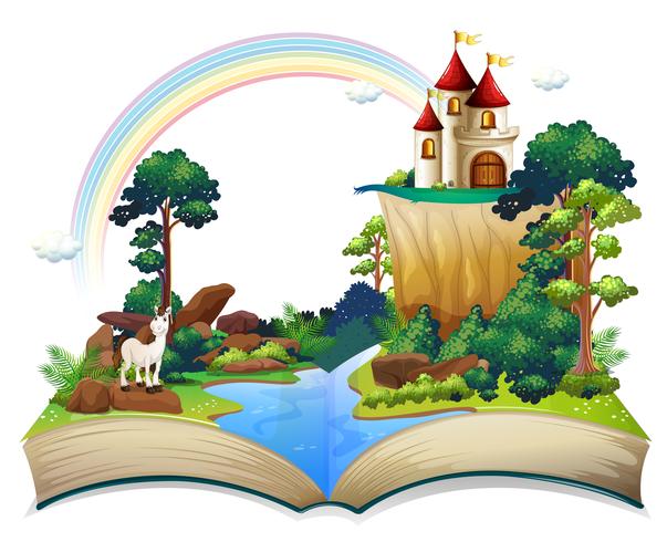 Un libro con un castillo en el bosque. vector