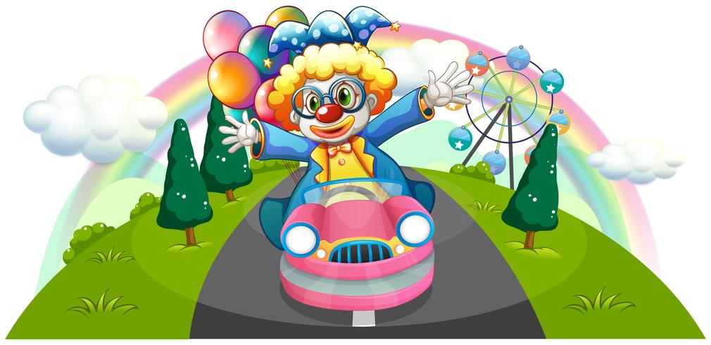 Un payaso cabalgando en un carro rosa con globos. vector