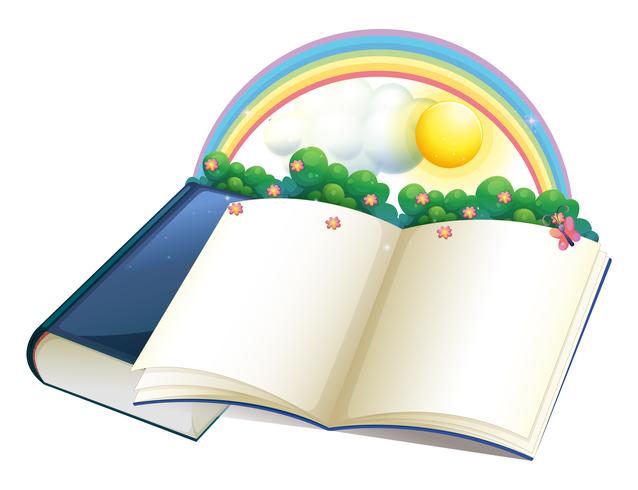 Un libro de cuentos con un arcoiris y plantas. vector