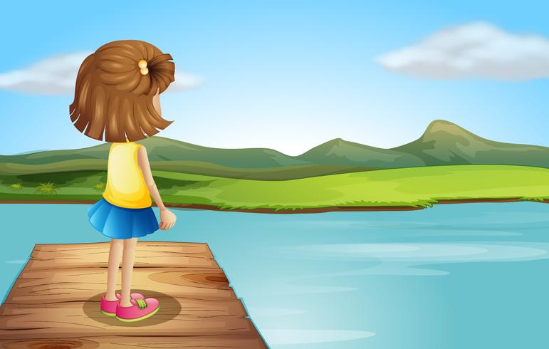 A little girl standing at the wooden port vector