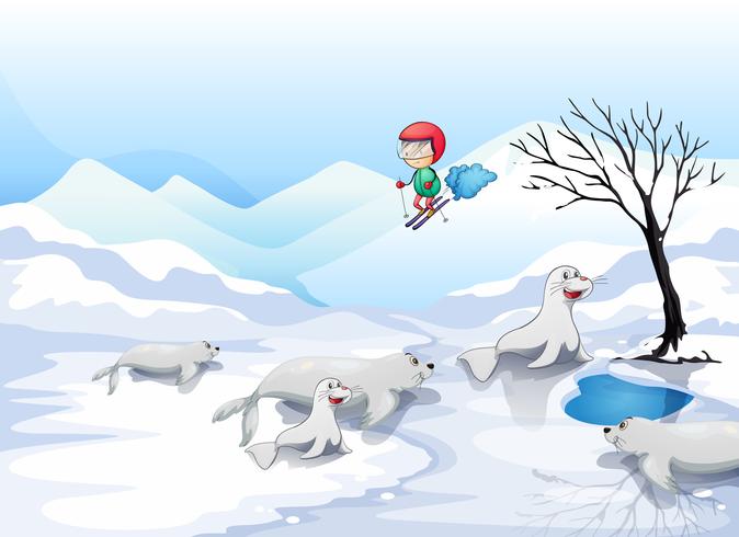 A boy skating with sealions vector