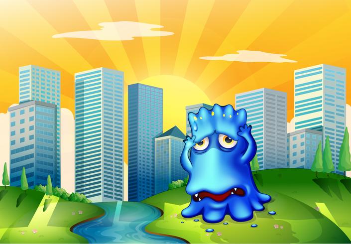 A sad monster in the city standing near the flowing river vector